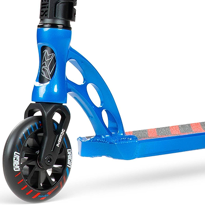 Close-up of a Madd Gear (MGP) VX Origin IV 450 Complete Stunt Scooter - Tensor shows its front wheel and deck with black and red accents on the wheel and grip tape featuring gray and red stripes—perfect for park riding.