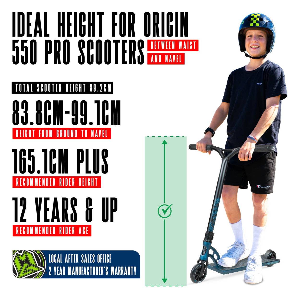 A young park rider with a helmet stands by the Madd Gear (MGP) VX Origin IV 550 Complete Stunt Scooter - Denim. Text shows ideal height (83.8–99.1cm), for ages 12+, rider height (165.1cm+), checklist graphic, 2-year warranty, and sales office info.