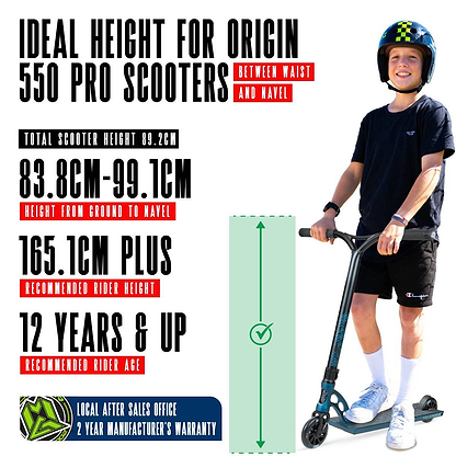 A young park rider with a helmet stands by the Madd Gear (MGP) VX Origin IV 550 Complete Stunt Scooter - Denim. Text shows ideal height (83.8–99.1cm), for ages 12+, rider height (165.1cm+), checklist graphic, 2-year warranty, and sales office info.