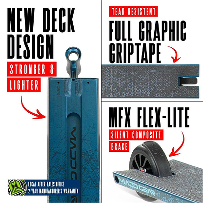 Split image of the Madd Gear (MGP) VX Origin IV 550 Complete Stunt Scooter - Denim with text: "Stronger, Lighter Deck," "Full Graphic, Tear-Resistant Griptape," "Silent Flex-Lite Brake." Perfect for park riders. 2-year warranty.