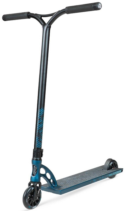 The Madd Gear MGP VX Origin IV 550 Complete Stunt Scooter in Denim features a black and blue design, T-bar handle, textured foot deck, and two small wheels—ideal for park riders. Angled against a white background with a modern look.