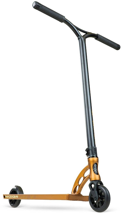 The Madd Gear (MGP) VX Origin IV 550 Complete Stunt Scooter in Rust is a freestanding pro scooter with a black handlebar, gold deck, and two black wheels—ideal for park riders. Shown on a white background.
