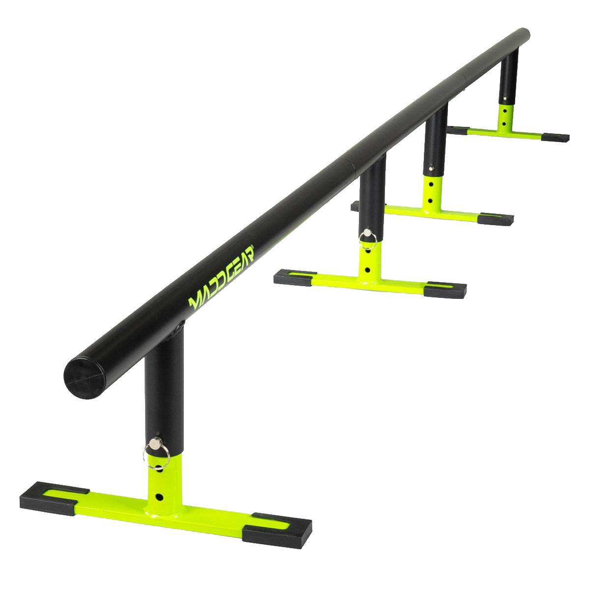 The Madd Gear MGP Ninety9 Grind Rail - 251cm in black and neon yellow, with four sturdy legs and “MAD GEAR” branding, is ideal for skateboard, scooter, or BMX grind practice.