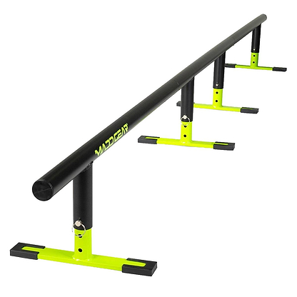 The Madd Gear MGP Ninety9 Grind Rail - 251cm in black and neon yellow, with four sturdy legs and “MAD GEAR” branding, is ideal for skateboard, scooter, or BMX grind practice.