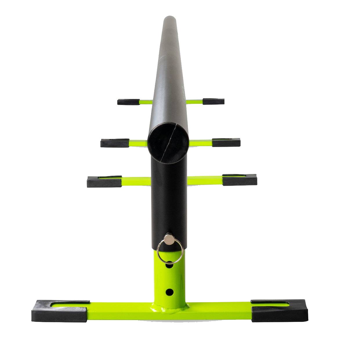 A front view of the Madd Gear MGP Ninety9 Grind Rail - 251cm, a black and neon green balance beam with metal supports and rectangular base feet, designed for stability and training practice.