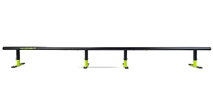 The Madd Gear MGP Ninety9 Grind Rail (251cm), a long black rail with four yellow-green supports by Madd Gear, is set horizontally against a white background for practicing skateboarding or snowboarding tricks.