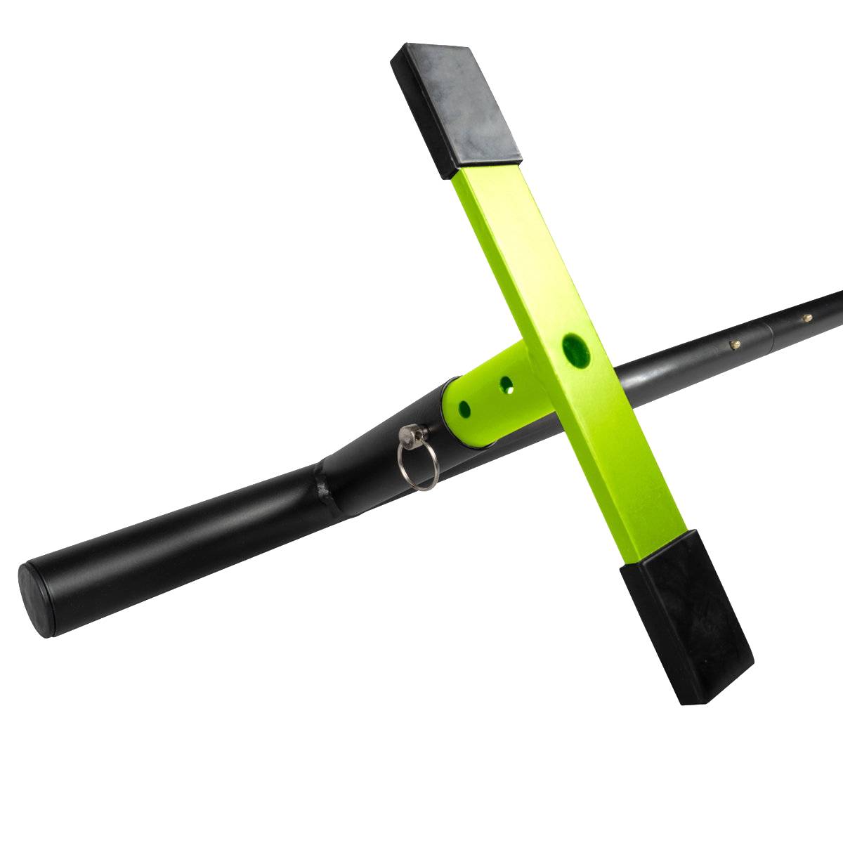 The Madd Gear MGP Ninety9 Grind Rail, a 251cm black and neon green metal rail by Madd Gear (MGP), features a T-shape with handle and footrests, resembling a scooter grind rail.