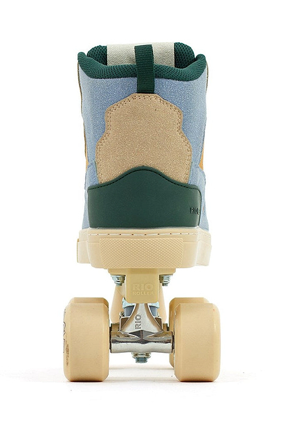 The Rio Roller Beats Quad Roller Skates by Rio Roller feature a retro design with a tan suede heel, blue upper, green accents, beige sole, and cream wheels—vegan-friendly and shown from the back against a white background.