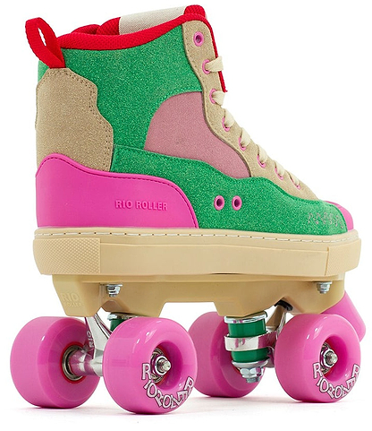 The Rio Roller Beats Quad Roller Skates - Pink / Green feature a retro vegan high-top boot in green, pink, and beige with pink wheels and a cream sole. "Rio Roller" branding is visible on the side. Shown from the back left angle.