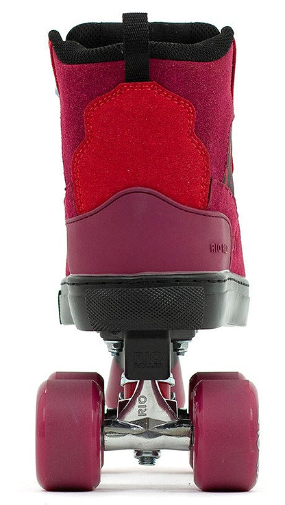 A close-up rear view of the Rio Roller Beats Quad Roller Skates in red/leopard by Rio Roller, featuring pink wheels, black accents, visible metal hardware, and a vegan-friendly design.