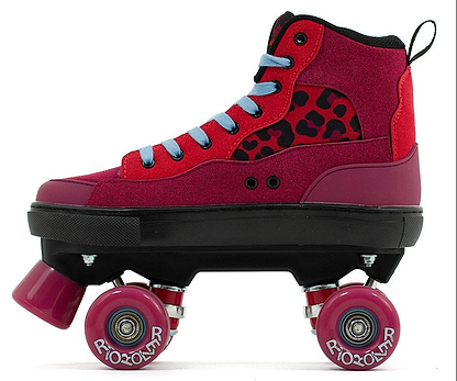 The Rio Roller Beats Quad Roller Skates in red/leopard feature a retro high-top style with light blue laces, leopard print panel, four pink wheels, and bold "RIO ROLLER" branding. They're vegan-friendly for a standout look.