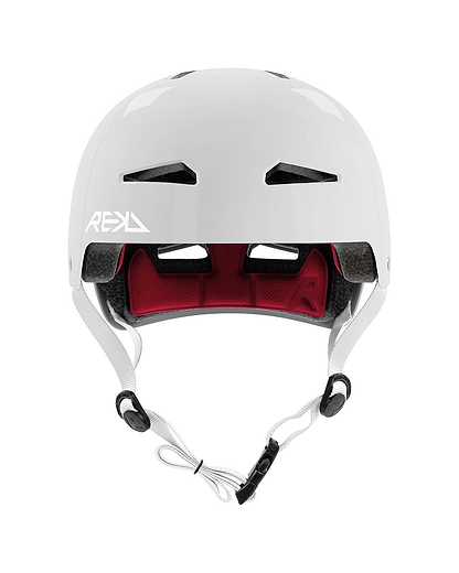 A gloss silver REKD Elite 2.0 skate/scooter helmet for action sports, featuring black vents, a red inner lining, adjustable white straps, and the REKD logo on the side—this certified helmet is shown from the front.