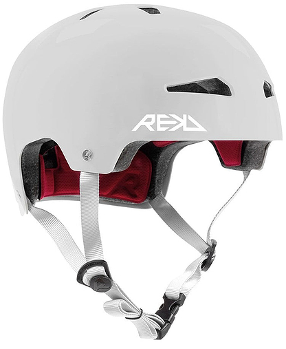 The REKD Elite 2.0 Skate / Scooter Helmet in Gloss Silver is a lightweight, certified action sports helmet with ventilation holes, red padding, a white adjustable chin strap, and the REKD logo on the side.