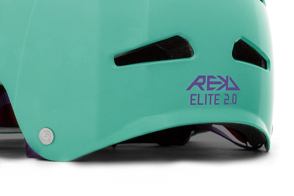 Close-up of the REKD Elite 2.0 Skate / Scooter Helmet in gloss teal, featuring black ventilation slits, purple "REKD ELITE 2.0" text on the side, and a silver rivet—designed for action sports.