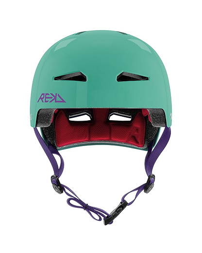 The REKD Elite 2.0 Skate / Scooter Helmet in gloss teal features two front vents, red inner padding, and adjustable purple straps. Shown from the front against a white background.