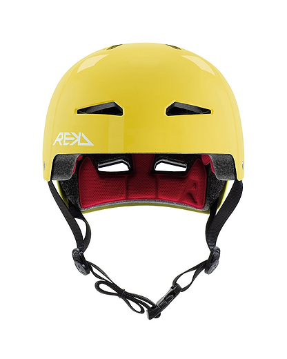 The REKD Elite 2.0 Skate / Scooter Helmet in gloss yellow features black ventilation slits, a black adjustable chin strap, red inner padding, and a white REKD logo—lightweight and shown against a white background.