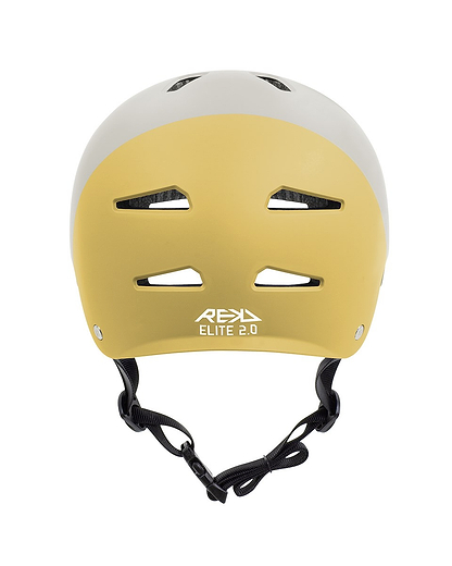 The REKD Elite 2.0 Skate/Scooter Helmet in grey and yellow features ventilation slots, black adjustable straps, and "REKD ELITE 2.0" printed in white on the back.