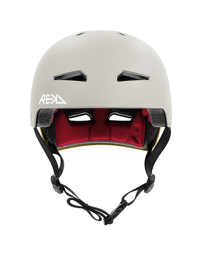 The REKD Elite 2.0 Skate / Scooter Helmet in grey/yellow is a lightweight action sports helmet with black ventilation slits, yellow interior padding, and an adjustable black chin strap, shown from the front.