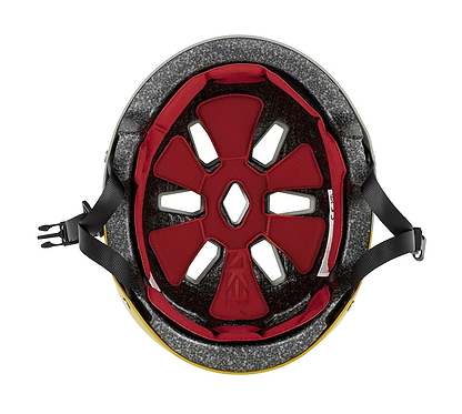 Top view of the REKD Elite 2.0 Skate/Scooter Helmet by REKD in Grey/Yellow, showing black straps, gray protective foam, and red flower-patterned padding for lightweight action sports protection.