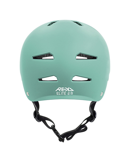The REKD Elite 2.0 Skate/Scooter Helmet in matt teal is shown from the front with multiple ventilation slots, a black adjustable chin strap, and the white REKD Elite 2.0 logo on the lower front.