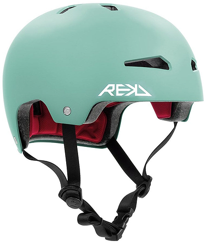 The REKD Elite 2.0 Skate/Scooter Helmet in matt teal features black ventilation slits, a white "REKD" logo, red interior padding, and adjustable black straps with buckle for a secure fit.