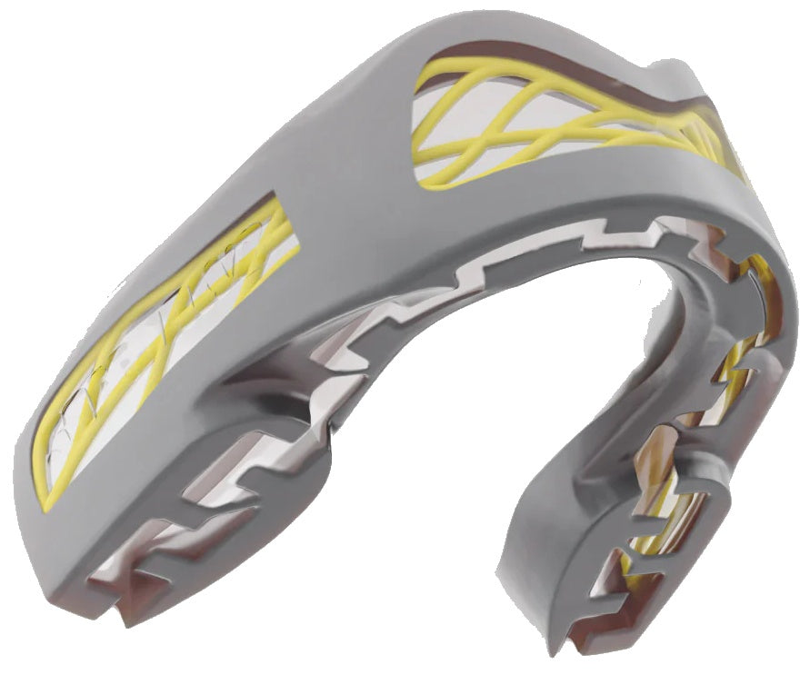 The Safejawz Nitro Series Protection Mouthguard in grey and yellow features a notched edge, intricate internal structure, and cutout sections for enhanced comfort and protection.