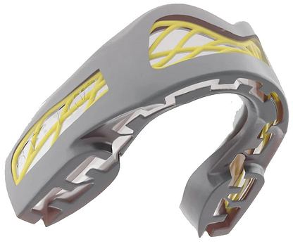 The Safejawz Nitro Series Protection Mouthguard in grey and yellow features a notched edge, intricate internal structure, and cutout sections for enhanced comfort and protection.