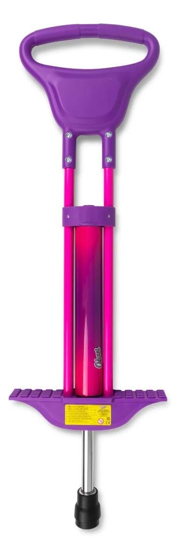 The Ozbozz Kids 89cm Pogo Stick - Pink / Purple stands upright against a white background, featuring wide handlebars, footrests, and a rubber tip.