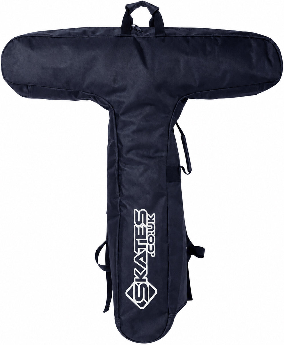 The Skates.co.uk Scooter Bag - Black is a T-shaped bag with handles and a shoulder strap, designed to carry ice or roller skates. It features the white "SKATES.CO.UK" logo on the longer section.