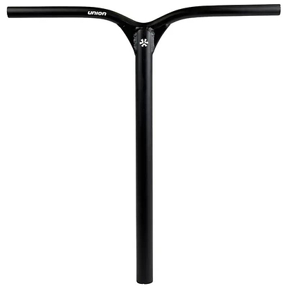 The Union Classic Aluminium Oversized IHC Stunt Scooter Bar in black (560mm x 530mm) features a Y-shaped design, "UNION" printed in white near the top left, and a small white logo below the crossbar on a plain white background.
