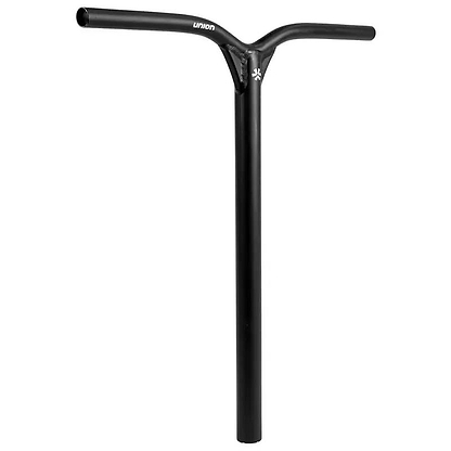 The Union Classic Aluminium Oversized IHC Stunt Scooter Bar in black (560mm x 530mm) by Union features a Y-shaped matte design with “UNION” on the crossbar and a central graphic—ideal for added strength and style.