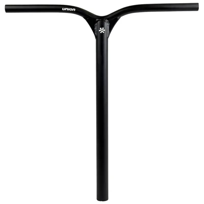 The Union Classic Aluminium Oversized IHC Stunt Scooter Bar in black (600mm x 560mm) features a Y-shaped design, "union" branding near the top, and a small white logo below the crossbar. It stands upright against a white background.