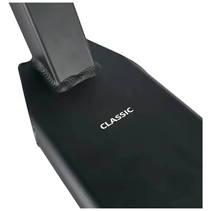 Close-up of the Union Classic Pro Black Stunt Scooter Deck (5”) by Union, showing black lightweight metal with "CLASSIC" in white letters and visible welds on the left side.