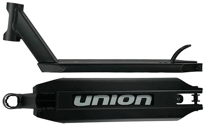 The Union Classic Pro Black Stunt Scooter Deck - 5" by Union is shown from the side and bottom; the underside features "union" in bold white letters. Lightweight and made for park riders, it includes a headtube and rear wheel cutout.