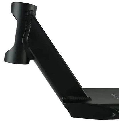 Close-up of the Union Classic Pro Black Stunt Scooter Deck - 5" by Union, featuring a lightweight build, visible welds, and an angled neck—ideal for park riders perfecting their tricks.