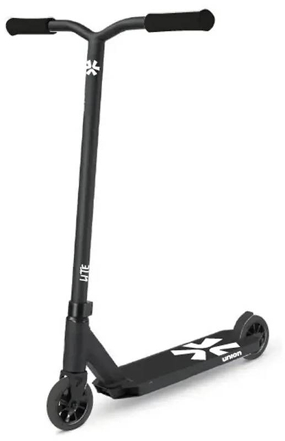 The Union Lite Complete Stunt Scooter by Union features a wide handlebar, black grips and wheels, and a deck with white graphics and "union" on the side—ideal for mastering tricks at the skatepark.