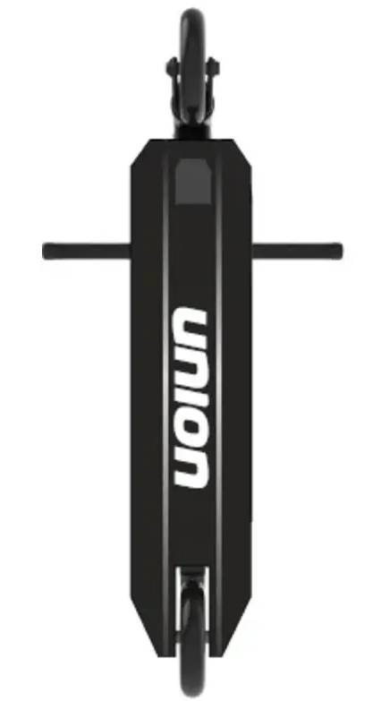 Top view of a black Union Lite Complete Stunt Scooter with the brand name "Union" in white on the deck, showing two wheels in line and horizontal handlebars.