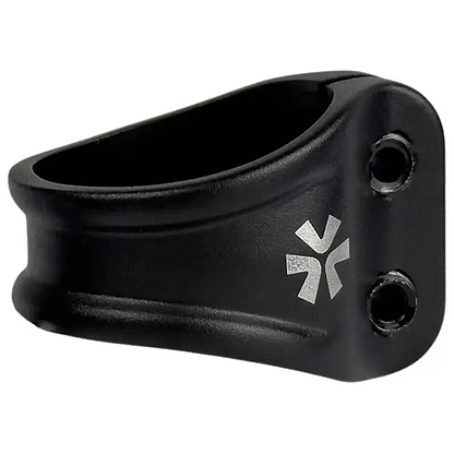 The Union Mono 2 Bolt Oversized Stunt Scooter Clamp by Union is a black clamp with two screw holes and a white geometric logo, designed for secure fitting on stunt scooters and compatible with HIC/IHC compression systems.