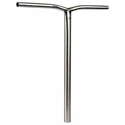 The Union Uniq Bend Steel Oversized HIC Stunt Scooter Bar, Silver 580mm x 560mm, stands upright with a Y-shaped design and matte finish—lightweight and ideal for HIC stunt scooter riders.