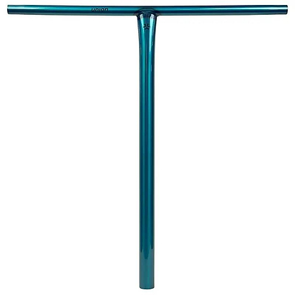 The Union Uniq T Steel Oversized HIC Stunt Scooter Bar in polished teal (600mm x 580mm) by Union features a glossy finish, straight grips, and a durable chromoly steel T-shape—perfect for riders seeking style and strength.