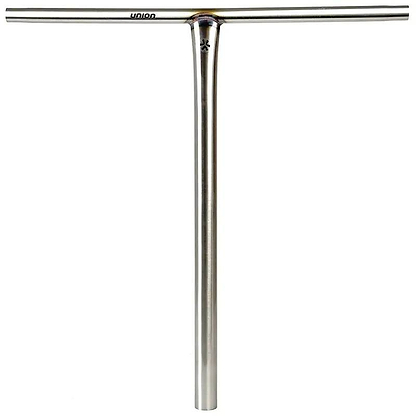 The Union Uniq T Steel Oversized HIC Stunt Scooter Bar in silver (650mm x 600mm) features a T-shape with "UNION" printed near the top crossbar.