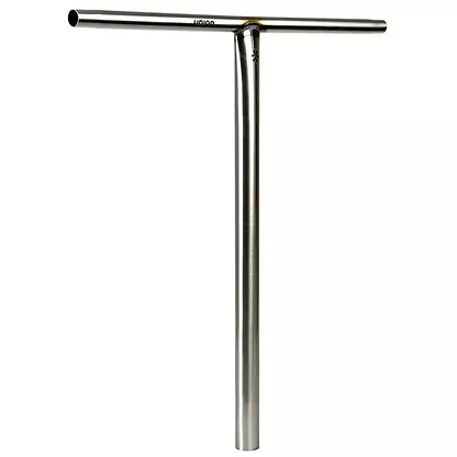 The Union Uniq T Steel Oversized HIC Stunt Scooter Bar by Union, in silver and sized 650mm x 600mm, features a polished chromoly T-shaped design with a vertical stem and horizontal top bar, shown against a plain white background.