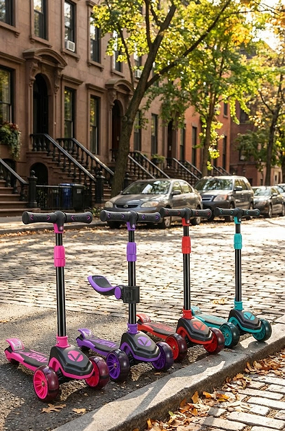 Four Vital Tyke 3 Wheel Kids Scooters, including the pink model with an adjustable seat, are lined up on a cobblestone street in front of parked cars and brownstone buildings on a sunny day.