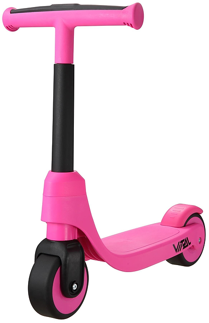 The Vital First Kids Scooter in pink and black by Vital is a stylish 2-wheel scooter, perfect for young riders who want fun and safe adventures.