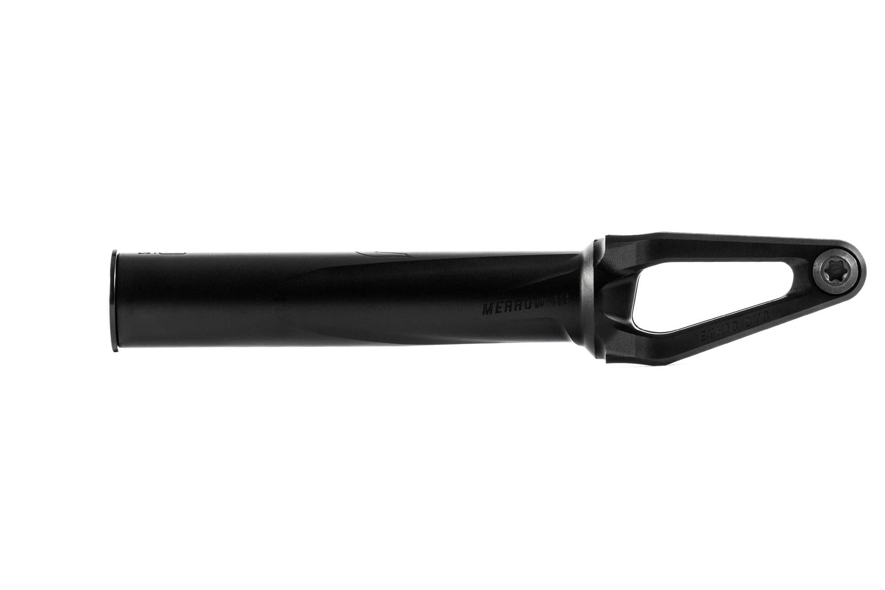 The Ethic DTC Merrow V3 SCS Stunt Scooter Fork in black, by Ethic, is made from 7075 aluminium and displayed horizontally on a white background. It features a cylindrical body with an open triangular cutout near the axle.