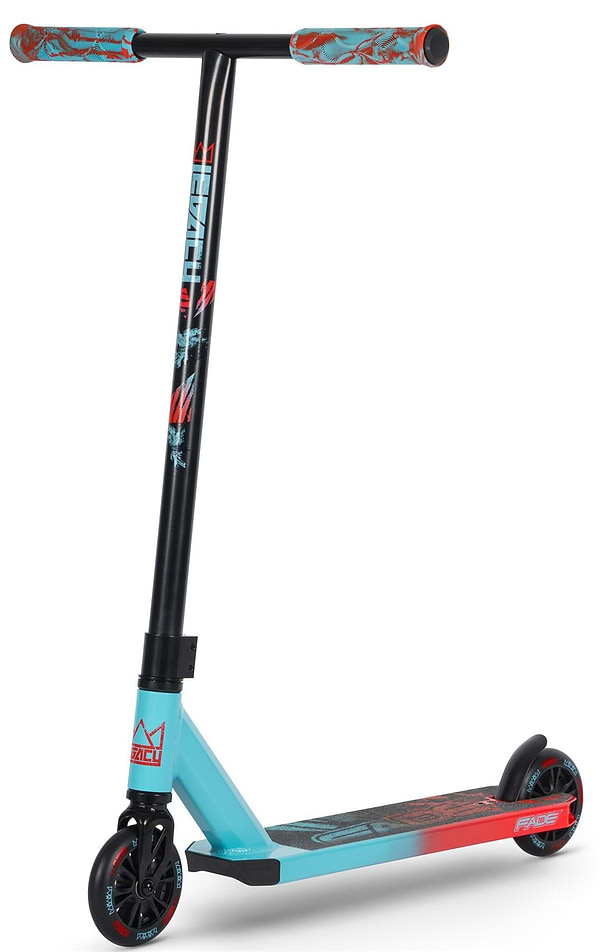 The Legacy Fade Complete Stunt Scooter - Blue / Red by Legacy is ideal for beginners, featuring a black handlebar, red and blue patterned grips, a turquoise and black deck with red accents, branding, and black wheels with bold red details.