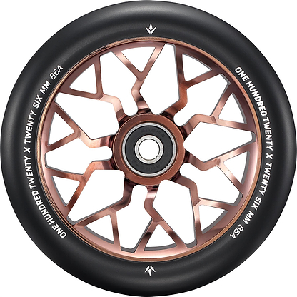 A close-up of the Blunt Envy Sector 120mm Stunt Scooter Wheel - Copper shows its metallic copper geometric spoke design and white tire text reading "ONE HUNDRED TWENTY X TWENTY SIX MM 86A.