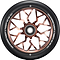A close-up of the Blunt Envy Sector 120mm Stunt Scooter Wheel - Copper shows its metallic copper geometric spoke design and white tire text reading "ONE HUNDRED TWENTY X TWENTY SIX MM 86A.