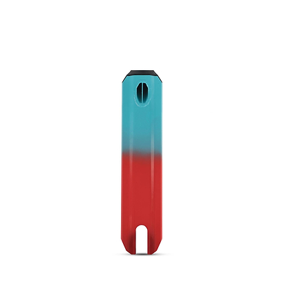 The Legacy Fade Complete Stunt Scooter - Blue / Red by Legacy features a vertical fade from teal to red, small oval hole near the top, and a U-shaped cutout at the bottom—ideal for any stunt scooter fan. Set against a white background.