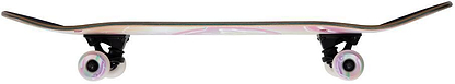 A side view of the Birdhouse Stage 3 Armanto Bubbles Complete Skateboard - 8" x 31.5", featuring a curved Canadian Maple deck, black trucks, and white wheels with pastel accents, isolated on a white background.